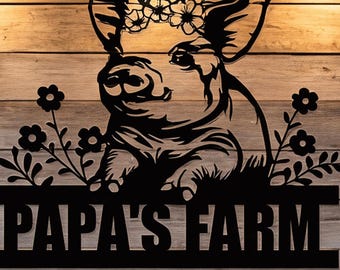 Rustic Metal Pig Garden Stake, Papa's Farm Sign, Decorative Outdoor Farm Animal Art Decor