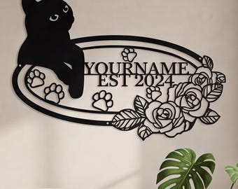 Personalized Cat and Rose Metal Wall Art, Custom Name Sign, Floral Home Decor Gift for Cat Lover