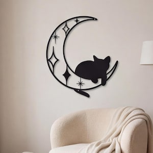 Metal Sleeping Cat Moon Wall Art,Celestial Star Hanging Decor,Minimalist Animal Silhouette,Romantic Bedroom Accent,Whimsical Nursery Hanging