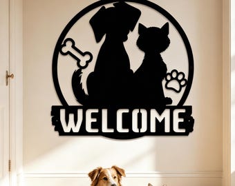 Metal Welcome Sign Custom Pet Art - Personalized Dog Wall Decor and Cat Wall Art, Large Wrought Iron Front Door Welcome Signs