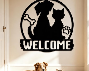 Metal Welcome Sign Custom Pet Art - Personalized Dog Wall Decor and Cat Wall Art, Large Wrought Iron Front Door Welcome Signs