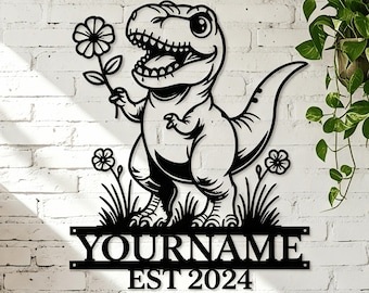 Personalized Dinosaur Sign, Custom Name Metal Sign, Nursery Wall Decor, Baby Boy Gift, Kids Room Wall Art, Animal Art Wall Hanging