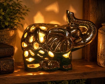 Vintage Gold Ceramic Elephant Tealight Holder | Pierced Elephant Candle Lantern | Boho Safari Decor | Metallic Gold Home Accent