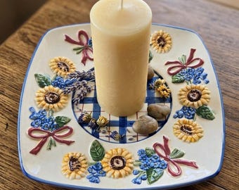 Yankee Candle Ceramic Candle Plate Sunflower Floral Farmhouse Candle Holder Base Square Decorative Dish Retired