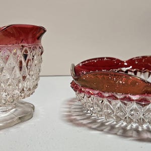 Vintage Indiana Glass Ruby Flash Bowl Set | Red Overlay Pressed Glass Compote & Candy Dish | Diamond Pattern