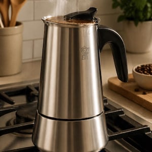 May include: A stainless steel stovetop espresso maker with a black handle and lid is steaming on a gas burner. The coffee maker is on a stainless steel stovetop. The image shows a close-up of the coffee maker, with steam rising from the top.