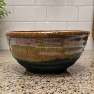 Vintage Signed Studio Pottery Bowl | Brown Green Drip Glaze Stoneware Bowl | Handmade Artisan Ceramic Bowl | Rustic Farmhouse Decor