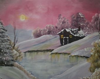 Pintura de una cálida cabaña de invierno