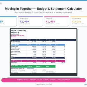 Puede incluir: Una pantalla de portátil muestra una calculadora de presupuesto y liquidación titulada "Moving In Together". La interfaz muestra los costos de configuración, los gastos mensuales compartidos y los detalles de la liquidación. La calculadora incluye una lista de verificación y datos financieros.