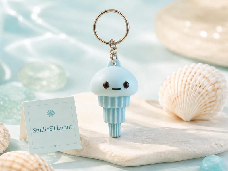 May include: A light blue jellyfish-shaped keychain with a silver keyring. The keychain has a smiling face and a tiered body. A small card with the text "StudioSTLprint" is also visible.