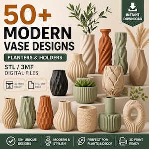 Pack de más de 50 jarrones esculturales modernos en formato STL / Macetas y soportes para impresión 3D (descarga digital)