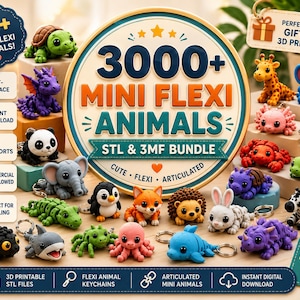 Puede incluir: Una colección de mini llaveros de animales flexi impresos en 3D en varios colores. La imagen presenta una variedad de animales, incluyendo una jirafa, un elefante y una cebra. El producto se anuncia como un paquete STL y 3MF imprimible en 3D.