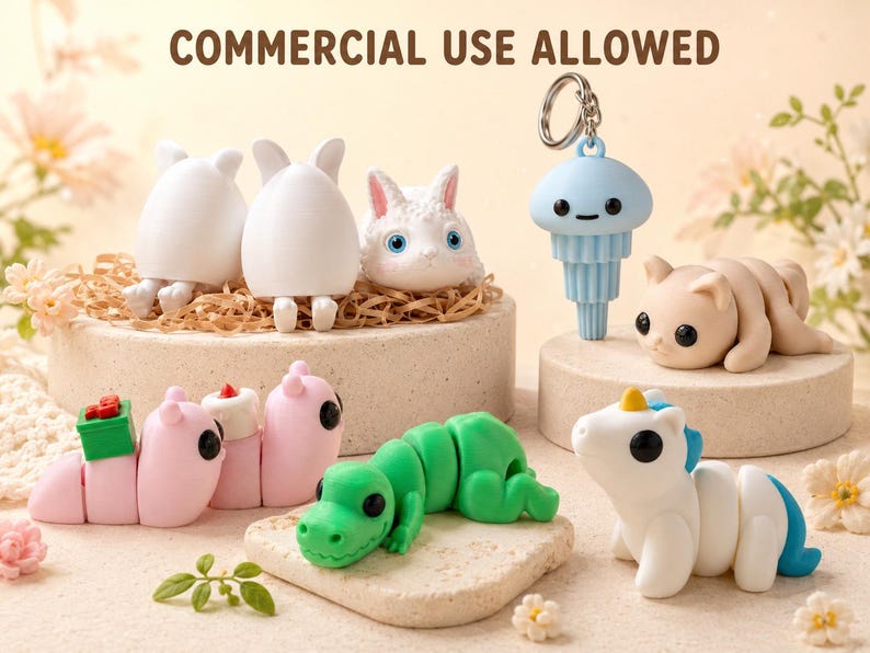 May include: A collection of whimsical, colorful figurines, including a white bunny, a green articulated alligator, and a blue jellyfish keychain. The text "COMMERCIAL USE ALLOWED" is at the top. The figurines are displayed on small, round platforms.