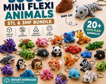 Paquete de más de 3000 mini animales flexibles en formato STL / Llaveros articulados, juguetes antiestrés (descarga en formato 3MF)
