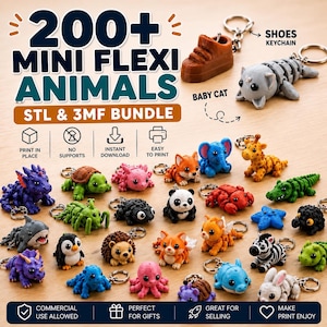 200+ Mini Flexi STL Bundle, Articulated Keychain 3D Print Files, Digital 3MF Models