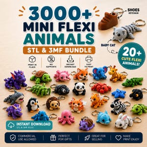May include: A selection of over 20 colourful, mini flexi animal keyrings. The image features various creatures, including a baby cat, a zebra, and a panda. The text reads "3000+ MINI FLEXI ANIMALS STL & 3MF BUNDLE".