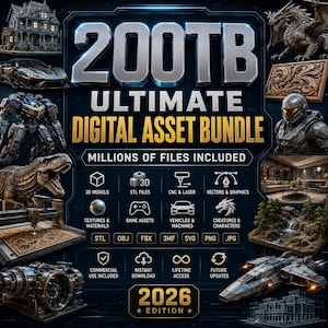Op de afbeelding: Een advertentie voor een digitaal asset-pakket met de tekst 200TB ULTIMATE DIGITAL ASSET BUNDLE 2026 EDITION. De afbeelding toont diverse 3D-modellen waaronder een huis, sportwagen, robot, draak en ruimteschip, samen met iconen voor 3D, CNC en vectoren.