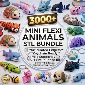 May include: A digital collection of 3000+ mini flexi animal STL files for 3D printing. The image displays various articulated animal figures including a hedgehog, axolotl, dragon, orca, fish, otter, turtle, dinosaur, shark, crocodile, cat, dog, and bee.