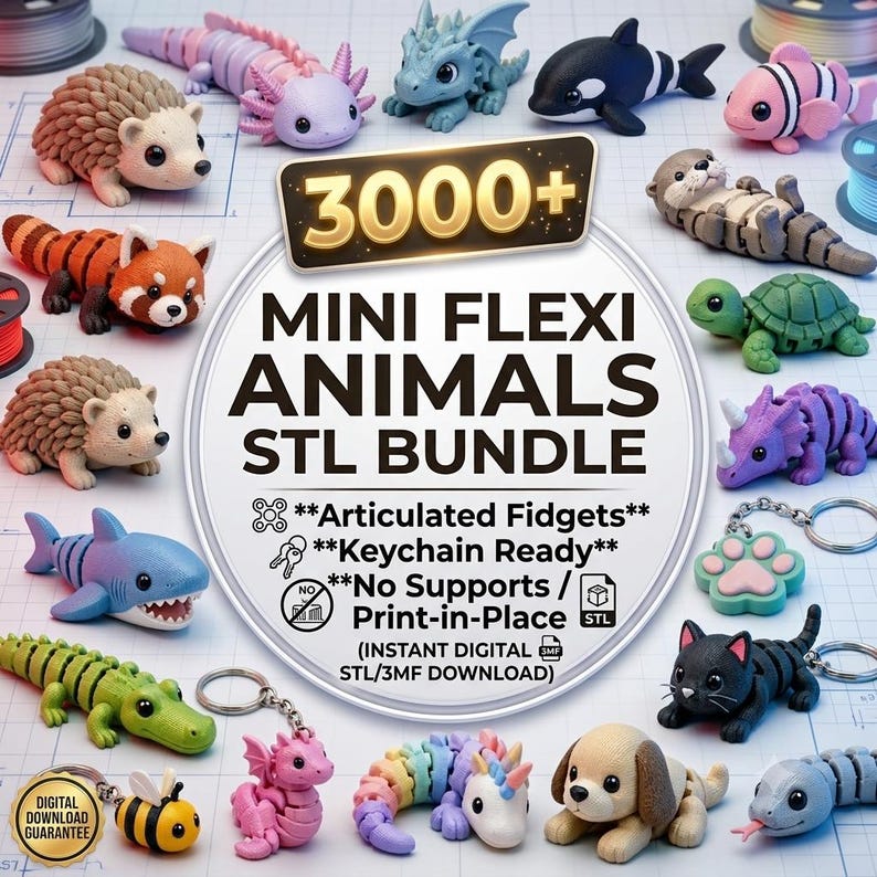 May include: A digital collection of 3000+ mini flexi animal STL files for 3D printing. The image displays various articulated animal figures including a hedgehog, axolotl, dragon, orca, fish, otter, turtle, dinosaur, shark, crocodile, cat, dog, and bee.