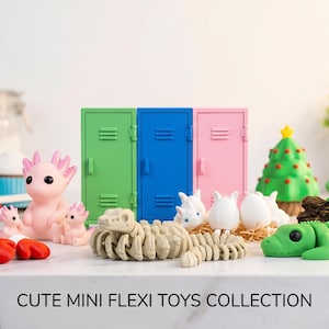 May include: A collection of small articulated figures including a Santa-like character, pink axolotls, a beige skeletal creature, white eggs, a green Christmas tree, and a green crocodile, with three lockers and the text CUTE MINI FLEXI TOYS COLLECTION.