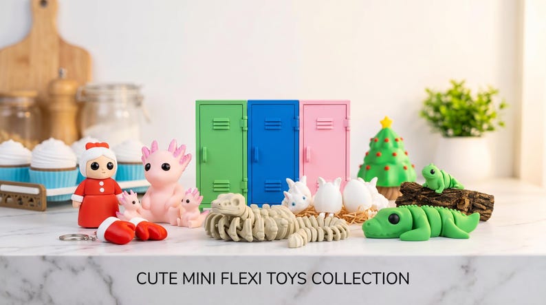 May include: A collection of small articulated figures including a Santa-like character, pink axolotls, a beige skeletal creature, white eggs, a green Christmas tree, and a green crocodile, with three lockers and the text CUTE MINI FLEXI TOYS COLLECTION.
