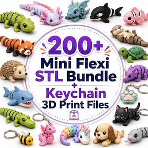 Pode incluir: Uma coleção de mini figuras de animais flexi impressas em 3D e coloridas, incluindo um tubarão, um axolotl e um dragão, com chaveiros. A imagem apresenta o texto "200+ Mini Flexi STL Bundle + Keychain 3D Print Files."