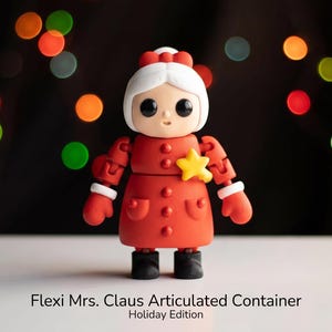 May include: An articulated figure of Mrs. Claus with white hair, a red coat, and a yellow star pin. The figure has black eyes, white cuffs, and black boots. Text at the bottom reads: Flexi Mrs. Claus Articulated Container Holiday Edition.