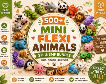 500+ Mini Flexi Animals STL Bundle, 3D Printable Keychains (STL/3MF Files)