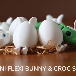 May include: A collection of small white bunny figurines and a green crocodile figurine, some emerging from white egg shells. The set is arranged in a cluster of straw-like material. The text MINI FLEXI BUNNY & CROC SET is printed below the figures.