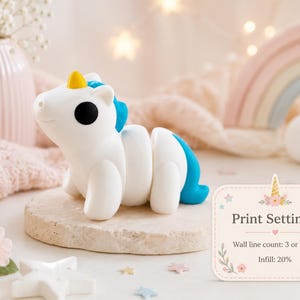 May include: A white articulated unicorn toy with a yellow horn and blue mane and tail. The toy is segmented, allowing for movement. The image includes a sign with "Print Settings:" and details about wall line count and infill percentage.