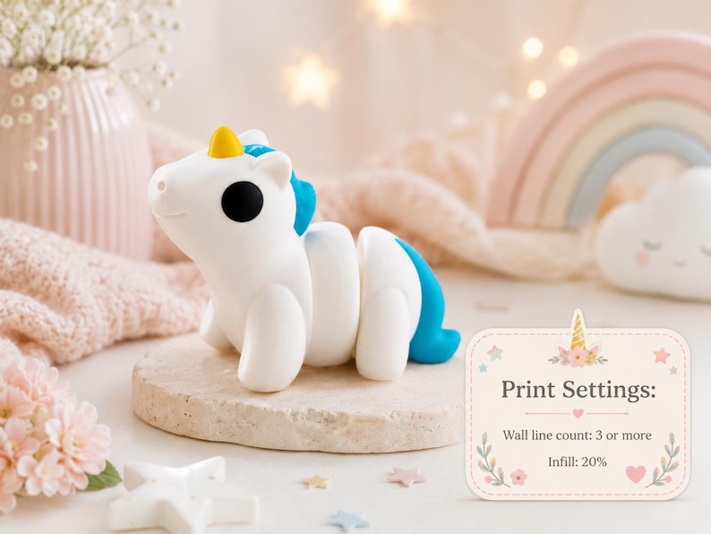 May include: A white articulated unicorn toy with a yellow horn and blue mane and tail. The toy is segmented, allowing for movement. The image includes a sign with "Print Settings:" and details about wall line count and infill percentage.