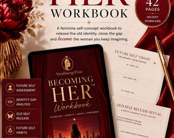 Puede incluir: Un cuaderno de trabajo titulado "Becoming Her" con un diseño rojo y dorado. La portada muestra "Becoming Her Workbook" y "42 Pages Instant Download". Incluye secciones sobre autoevaluación, análisis de identidad y hábitos futuros.