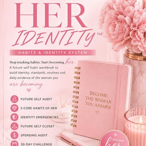 May include: A pink spiral-bound workbook titled BECOMING HER IDENTITY with the text BECOME THE WOMAN YOU ADMIRE on the cover. The page includes sections for a future self audit, core habits, identity emergencies, closet, spending, and a 30-day challenge.