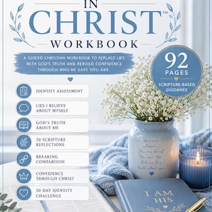 May include: A blue and white Identity in Christ workbook cover featuring the title, a 92-page count, and a list of contents including identity assessment, scripture reflections, and a 30-day challenge. The design includes floral accents and text.