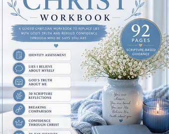 May include: A blue and white Identity in Christ workbook cover featuring the title, a 92-page count, and a list of contents including identity assessment, scripture reflections, and a 30-day challenge. The design includes floral accents and text.