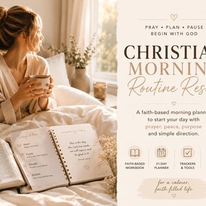 May include: A Christian Morning Routine Reset planner featuring a faith-based workbook, 21-day planner, trackers, tools, and bonus cards. The text reads: PRAY PLAN PAUSE BEGIN WITH GOD, CHRISTIAN MORNING ROUTINE RESET, A faith-based morning planner.