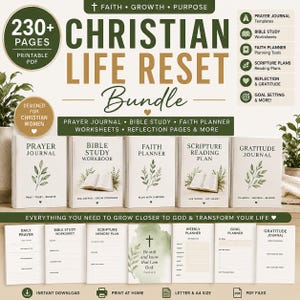 May include: A Christian Life Reset bundle featuring 230+ printable PDF pages including a prayer journal, Bible study workbook, faith planner, scripture reading plan, and gratitude journal. The set includes various templates, worksheets, and goal-setting pages with green leaf illustrations and text.