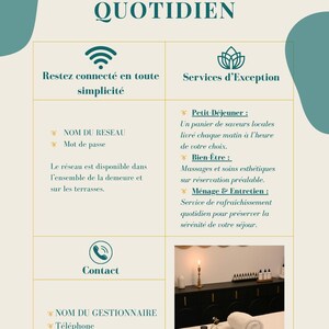 Peut inclure: Graphique d'information crème avec des accents turquoise. Le texte en français dit "VOTRE CONFORT AU QUOTIDIEN" et énumère les commodités comme le Wi-Fi, le petit-déjeuner, les massages et le ménage. Une photo montre une bougie allumée et des produits de spa.