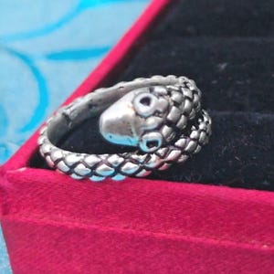 Puede incluir: Un anillo de metal plateado con forma de serpiente enroscada. La banda presenta un patrón texturizado de escamas superpuestas que envuelve el dedo, con una cabeza de serpiente detallada en la parte frontal, mostrando ojos definidos y un hocico liso.