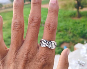Sterling Silver Angel Wings Statement Ring, Gothic Biker Boho Unisex Band