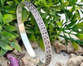 Sterling Silver Textured Dot Bangle Bracelet | Minimalist Boho Cuff Jewelry