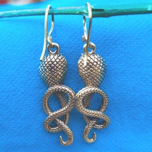 Gothic Brass Snake Earrings, Coiled Serpent Hoops, Antique Gold Drops