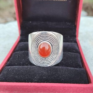 Natural Carnelian Oval Ring, Sterling Silver Rope Band, Boho Statement Jewelry
