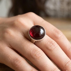 Handcrafted Sterling Silver Ring, Natural Red Garnet Cabochon Solitaire