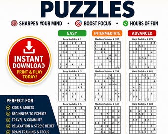 1000+ Printable Sudoku Puzzle Book: Easy, Medium, Hard Sudoku Games Collection (Instant Digital Download)