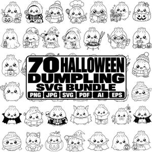 Puede incluir: Una colección de 70 ilustraciones de arte lineal en blanco y negro con personajes de albóndigas lindos en varios disfraces y actividades de Halloween, con el texto 70 HALLOWEEN DUMPLING SVG BUNDLE PNG JPG SVG PDF AI EPS en el centro.