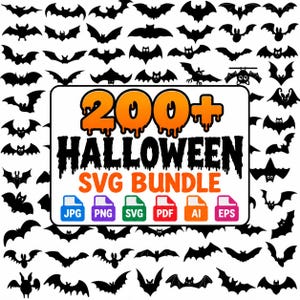 Può includere: Una collezione digitale di oltre 200 sagome di pipistrelli neri che circondano un'etichetta rettangolare bianca centrale. L'etichetta presenta il testo arancione 200+ HALLOWEEN SVG BUNDLE e sei icone colorate di formato file.