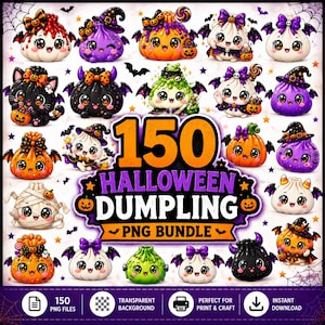 Könnte beinhalten: Eine digitale Sammlung von 150 Halloween-Dumpling-PNG-Dateien mit verschiedenen niedlichen, stilisierten Charakteren, darunter Kürbisse, Mumien und Kreaturen mit Fledermausflügeln, Schleifen und Hexenhüten, zentriert um den Text 150 HALLOWEEN DUMPLING PNG BUNDLE.
