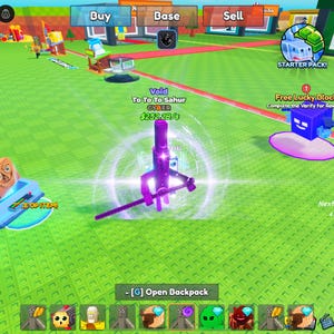 Könnte beinhalten: Ein Screenshot einer Videospieloberfläche. In der Mitte befindet sich eine violette Waffe, umgeben von einem Leuchteffekt. Das Spiel zeigt eine grüne, blockartige Landschaft mit Symbolen und Text, darunter "Kaufen", "Basis" und "Verkaufen".