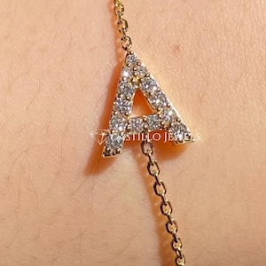 A Letter Diamond Bracelet, Solid 14k Gold Initial Letter Bracelet, Round Lab Grown Diamond Bracelet, All Letter Minimalist Letter Jewelry.